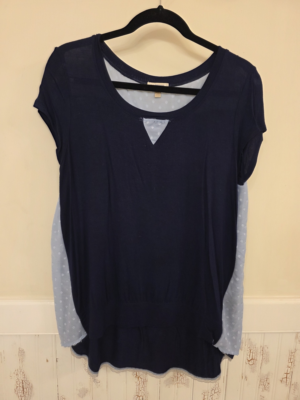Anthropologie Navy Short Sleeve Layered Top with Light Blue Polka-Dot Panels